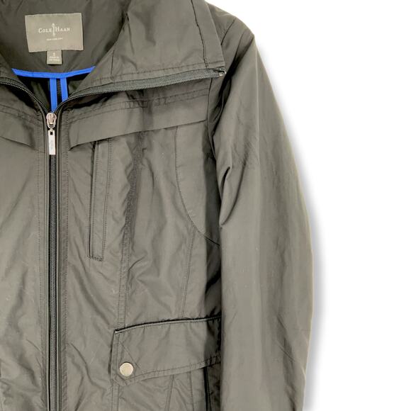 Cole Haan | Women's Small | Black Rain Jacket Tie Waist in Back Hide-Away Hood - Picture 6 of 11